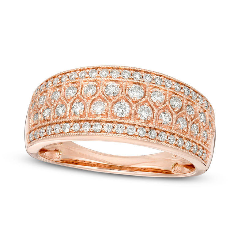 Image of ID 1 050 CT TW Certified Natural Diamond Antique Vintage-Style Multi-Row Ring in Solid 14K Rose Gold (I/I1)