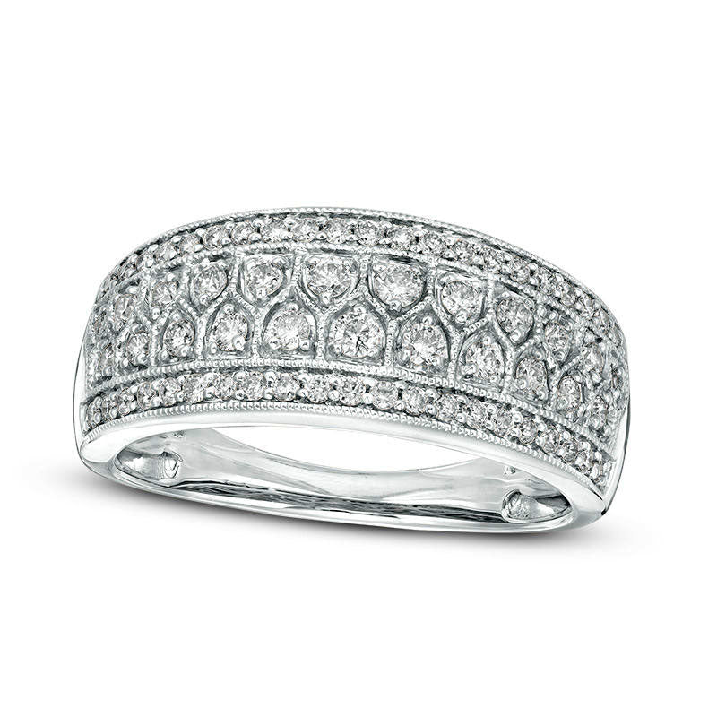 Image of ID 1 050 CT TW Certified Natural Diamond Antique Vintage-Style Multi-Row Ring in Solid 14K White Gold (I/I1)