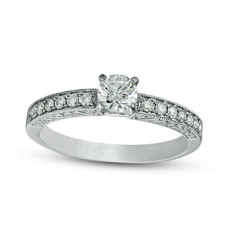 Image of ID 1 050 CT TW Certified Natural Diamond Filigree Antique Vintage-Style Engagement Ring in Solid 14K White Gold (I/I1)