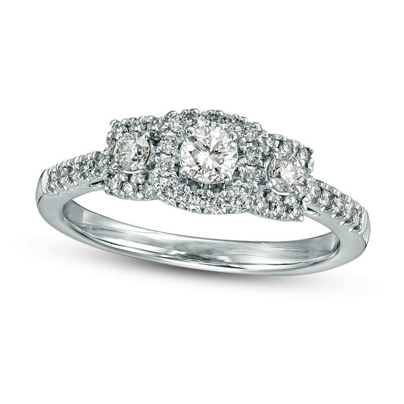 Image of ID 1 050 CT TW Certified Natural Diamond Three Stone Cushion Frame Engagement Ring in Solid 14K White Gold (I/I1)