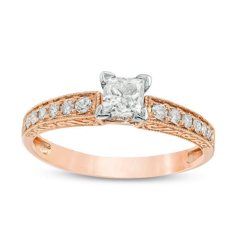 Image of ID 1 050 CT TW Certified Princess-Cut Natural Diamond Filigree Antique Vintage-Style Engagement Ring in Solid 14K Rose Gold (I/I1)