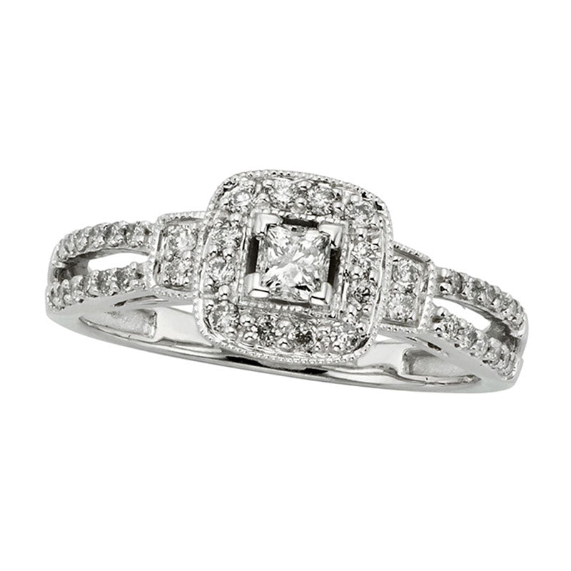 Image of ID 1 050 CT TW Certified Princess-Cut Natural Diamond Frame Split Shank Engagement Ring in Solid 10K White Gold (I/I2)