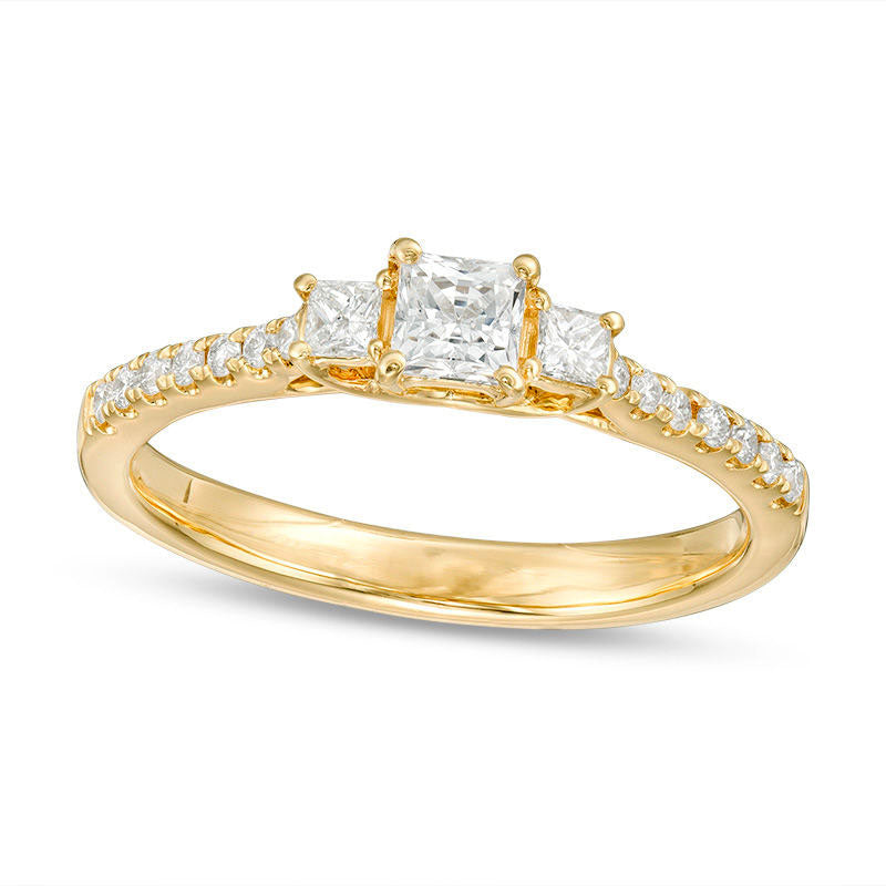 Image of ID 1 050 CT TW Certified Princess-Cut Natural Diamond Three Stone Engagement Ring in Solid 14K Gold (I/I1)