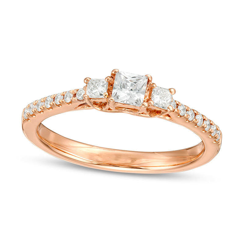 Image of ID 1 050 CT TW Certified Princess-Cut Natural Diamond Three Stone Engagement Ring in Solid 14K Rose Gold (I/I1)
