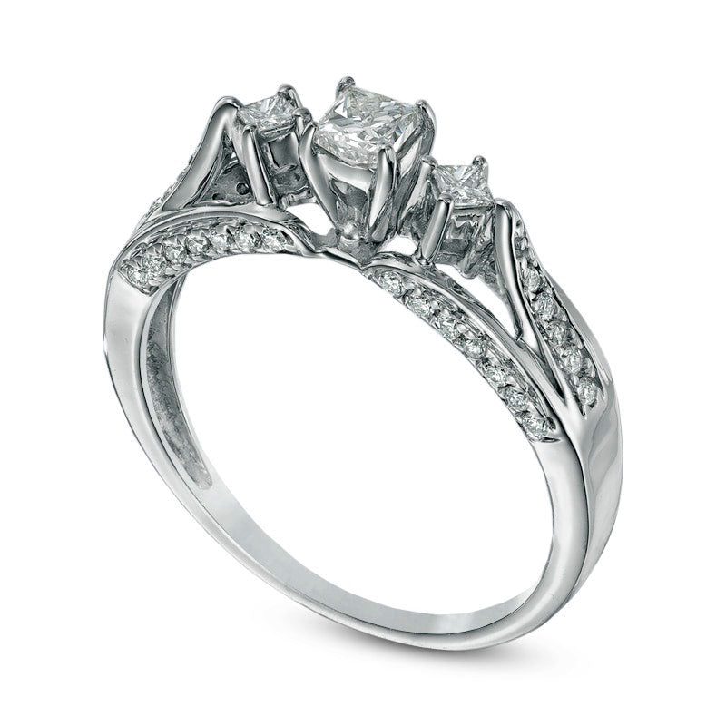 Image of ID 1 050 CT TW Certified Princess-Cut Natural Diamond Three Stone Engagement Ring in Solid 14K White Gold (I/SI2)