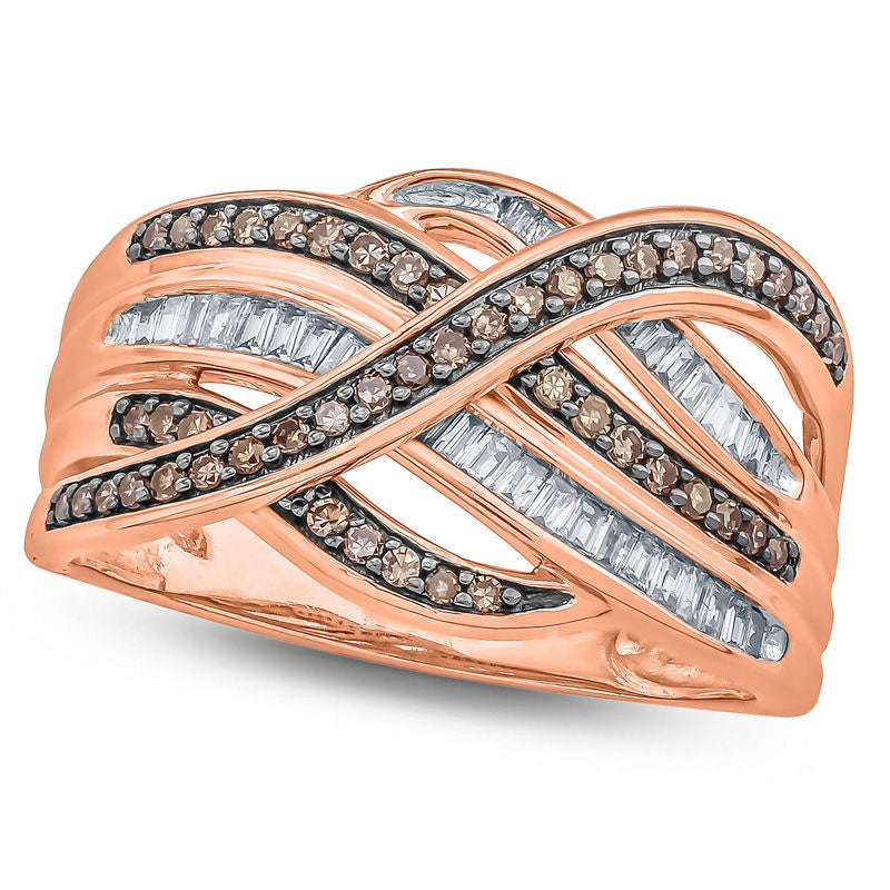 Image of ID 1 050 CT TW Champagne and White Natural Diamond Crossover Ring in Solid 10K Rose Gold