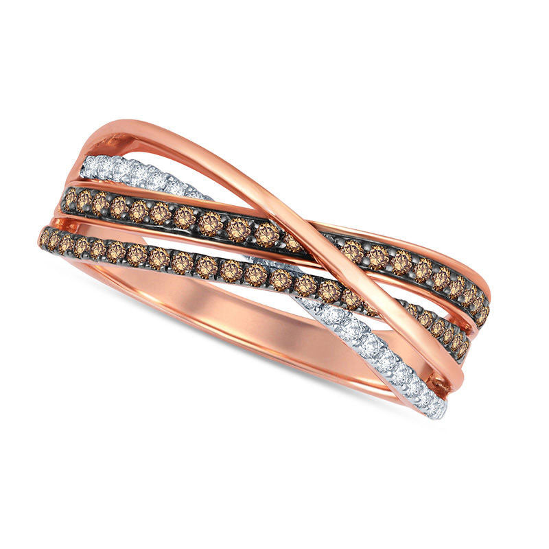 Image of ID 1 050 CT TW Champagne and White Natural Diamond Double Row Overlay Ring in Solid 10K Rose Gold