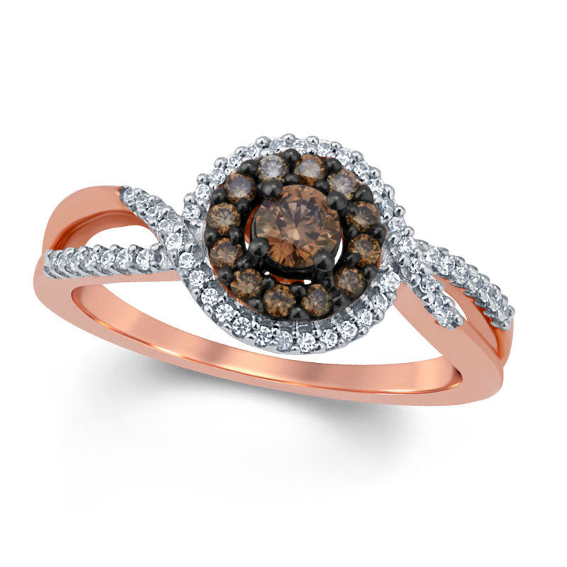 Image of ID 1 050 CT TW Champagne and White Natural Diamond Swirl Frame Engagement Ring in Solid 10K Rose Gold