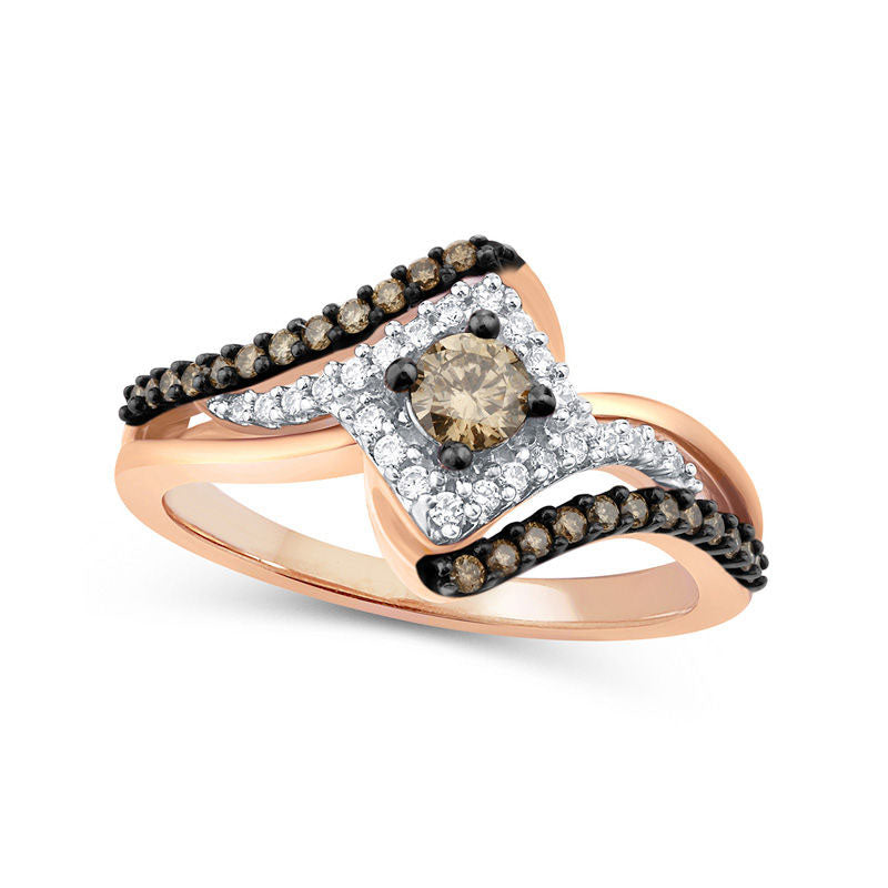 Image of ID 1 050 CT TW Champagne and White Natural Diamond Tilted Square Frame Bypass Ring in Solid 10K Rose Gold