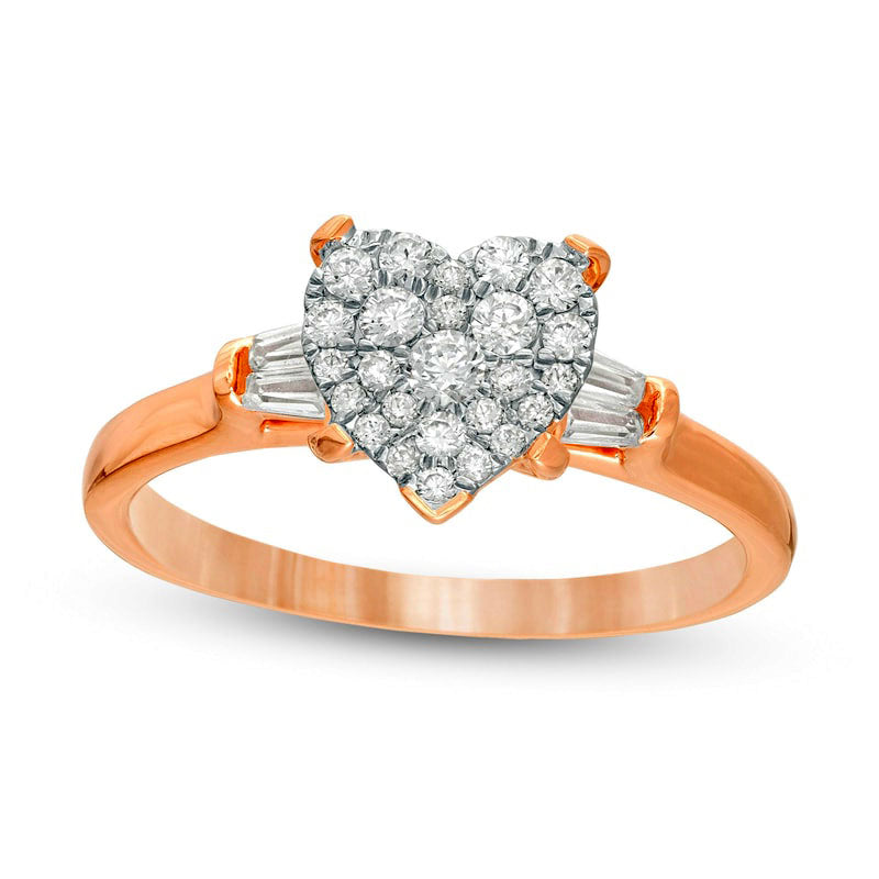 Image of ID 1 050 CT TW Composite Heart-Shaped Natural Diamond with Baguette Sides Engagement Ring in Solid 14K Rose Gold