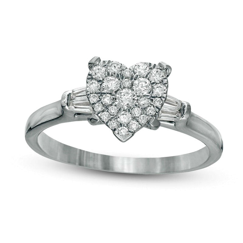 Image of ID 1 050 CT TW Composite Heart-Shaped Natural Diamond with Baguette Sides Engagement Ring in Solid 14K White Gold