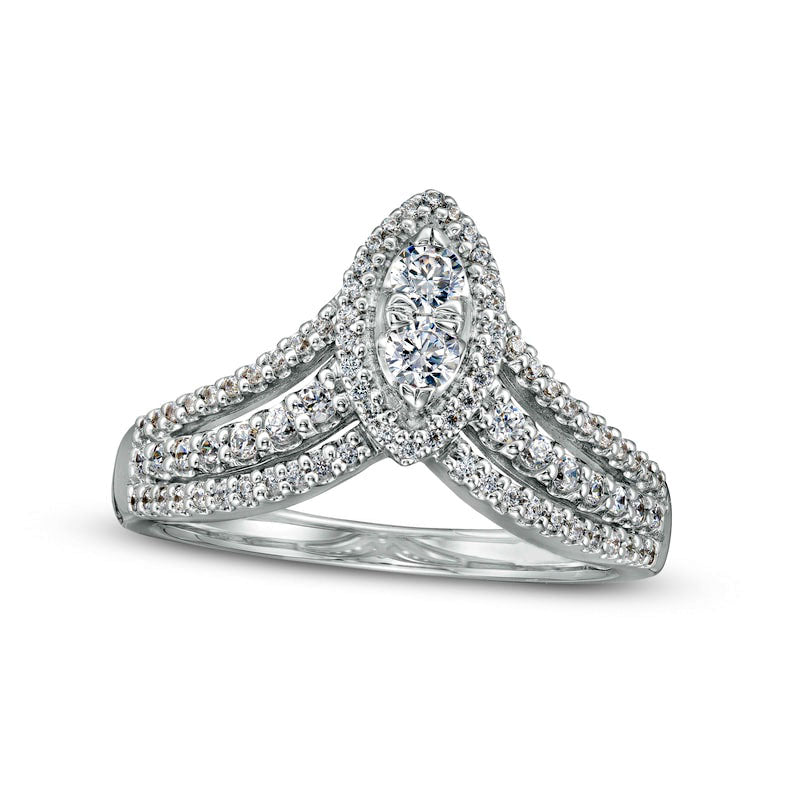Image of ID 1 050 CT TW Composite Marquise Natural Diamond Triple Row Split Shank Ring in Solid 10K White Gold
