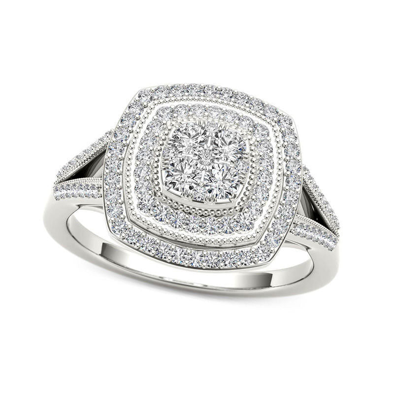 Image of ID 1 050 CT TW Composite Natural Diamond Antique Vintage-Style Double Cushion Frame Ring in Solid 10K White Gold