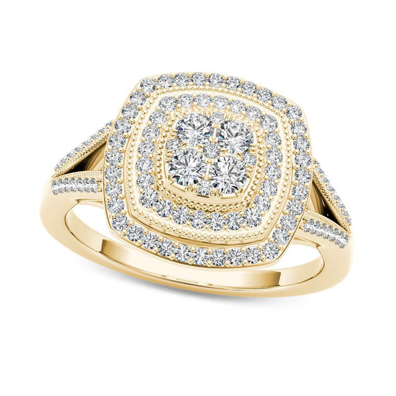 Image of ID 1 050 CT TW Composite Natural Diamond Antique Vintage-Style Double Cushion Frame Ring in Solid 10K Yellow Gold