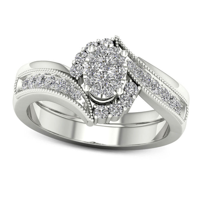 Image of ID 1 050 CT TW Composite Natural Diamond Bypass Antique Vintage-Style Bridal Engagement Ring Set in Solid 14K White Gold