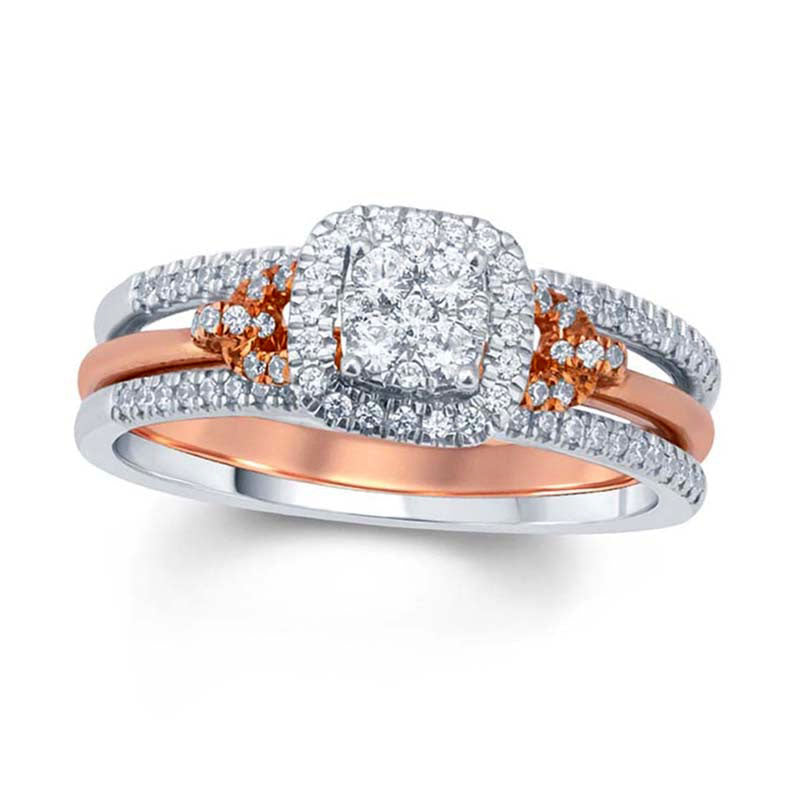 Image of ID 1 050 CT TW Composite Natural Diamond Cushion Frame Bridal Engagement Ring Set in Solid 10K Two-Tone Gold