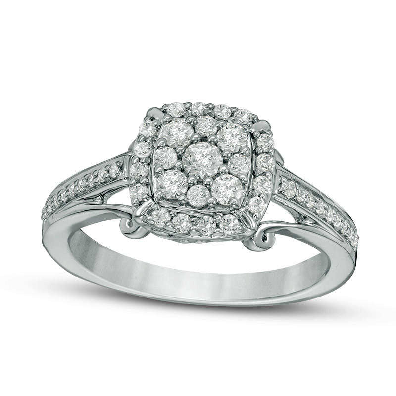 Image of ID 1 050 CT TW Composite Natural Diamond Cushion Frame Engagement Ring in Solid 14K White Gold