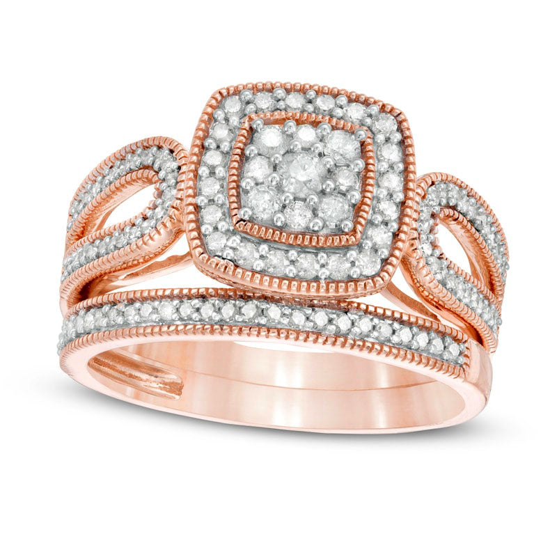 Image of ID 1 050 CT TW Composite Natural Diamond Cushion Frame Looped Antique Vintage-Style Bridal Engagement Ring Set in Solid 10K Rose Gold