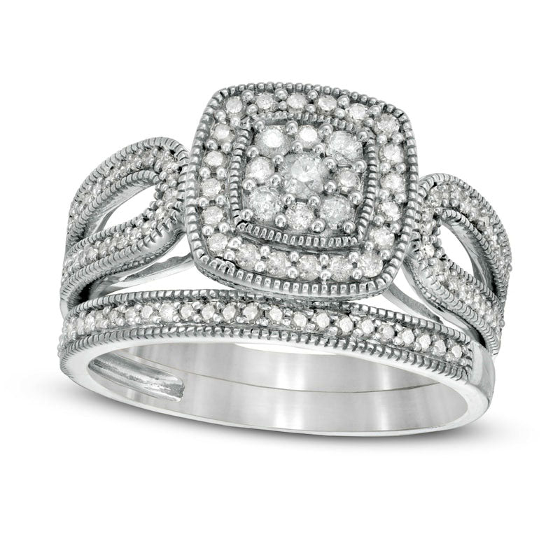 Image of ID 1 050 CT TW Composite Natural Diamond Cushion Frame Looped Antique Vintage-Style Bridal Engagement Ring Set in Solid 10K White Gold