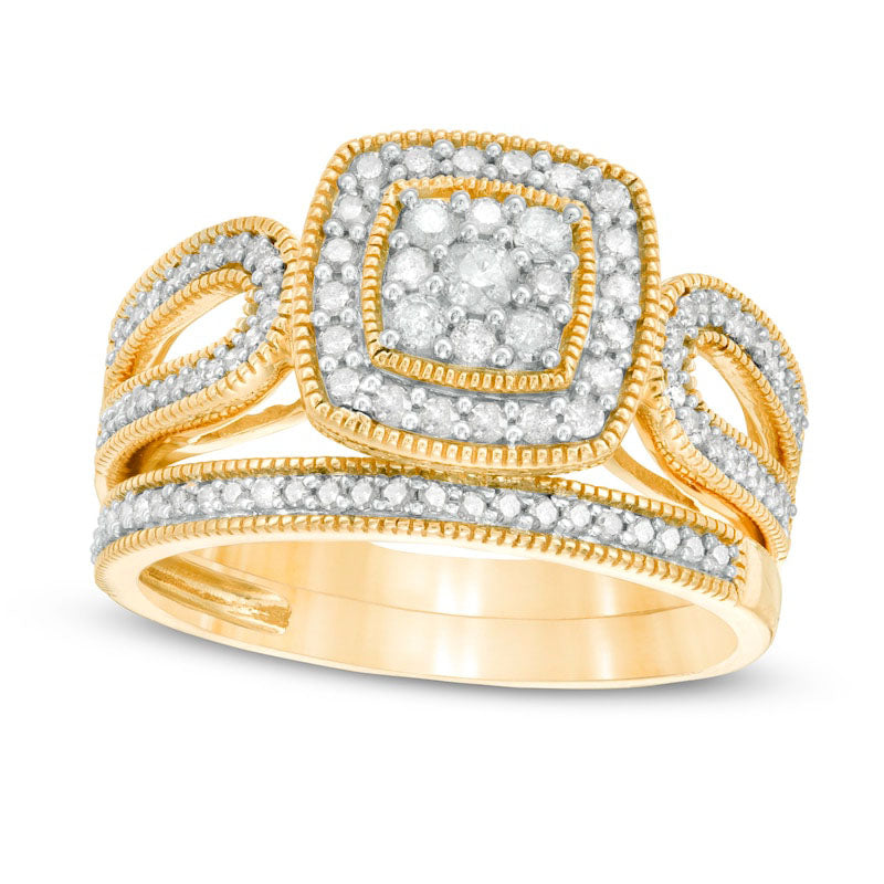 Image of ID 1 050 CT TW Composite Natural Diamond Cushion Frame Looped Antique Vintage-Style Bridal Engagement Ring Set in Solid 10K Yellow Gold