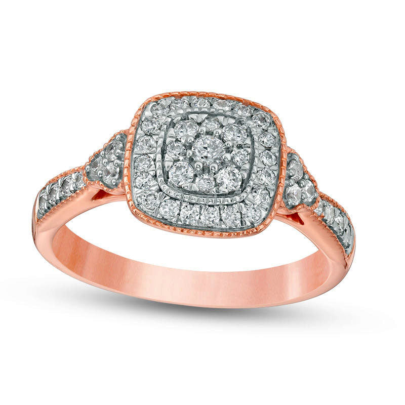 Image of ID 1 050 CT TW Composite Natural Diamond Cushion Frame Tri-Sides Antique Vintage-Style Engagement Ring in Solid 10K Rose Gold