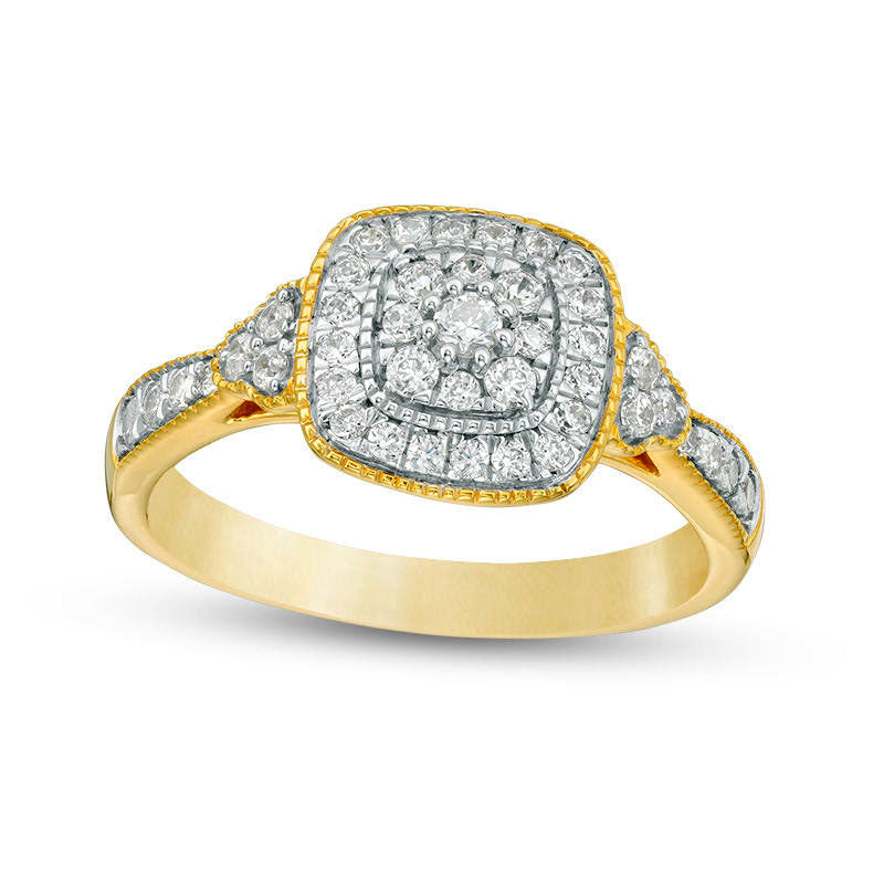 Image of ID 1 050 CT TW Composite Natural Diamond Cushion Frame Tri-Sides Antique Vintage-Style Engagement Ring in Solid 10K Yellow Gold