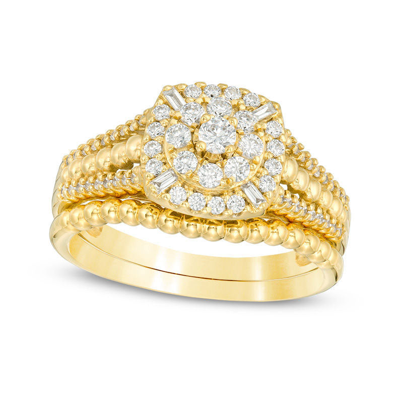 Image of ID 1 050 CT TW Composite Natural Diamond Cushion Frame and Beaded Bridal Engagement Ring Set in Solid 10K Yellow Gold