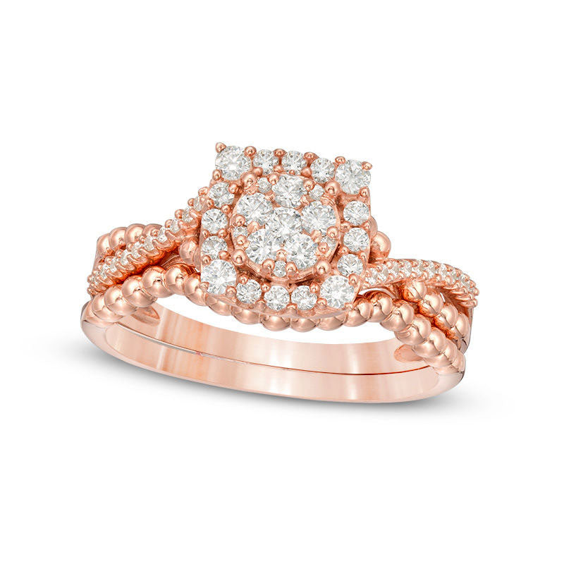 Image of ID 1 050 CT TW Composite Natural Diamond Cushion Frame and Beaded Crossover Bridal Engagement Ring Set in Solid 10K Rose Gold