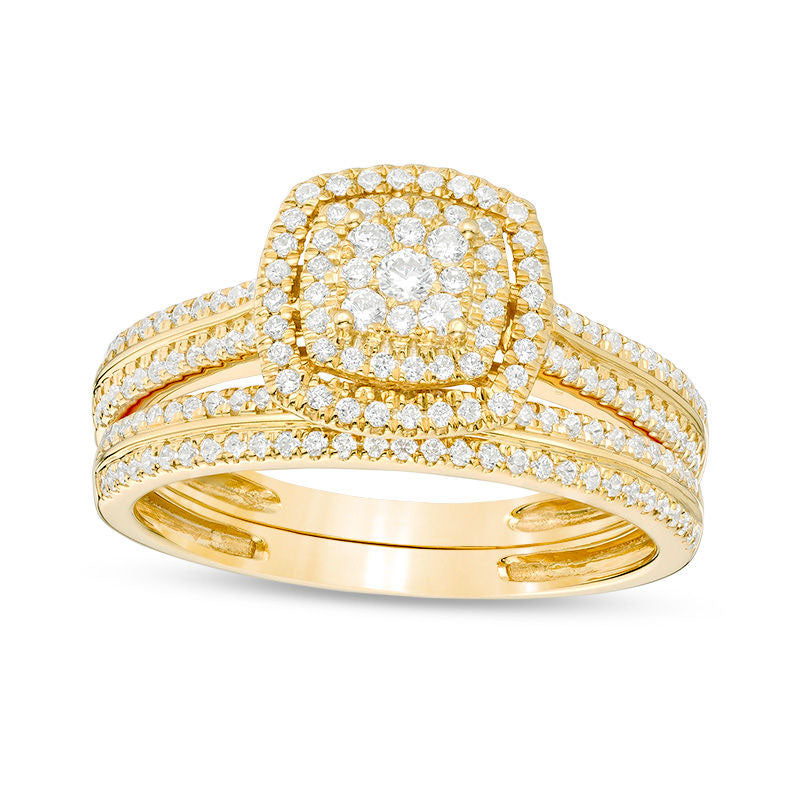 Image of ID 1 050 CT TW Composite Natural Diamond Double Cushion Frame Bridal Engagement Ring Set in Solid 10K Yellow Gold