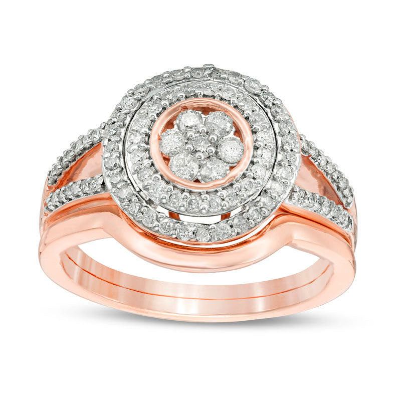 Image of ID 1 050 CT TW Composite Natural Diamond Double Frame Bridal Engagement Ring Set in Solid 10K Rose Gold
