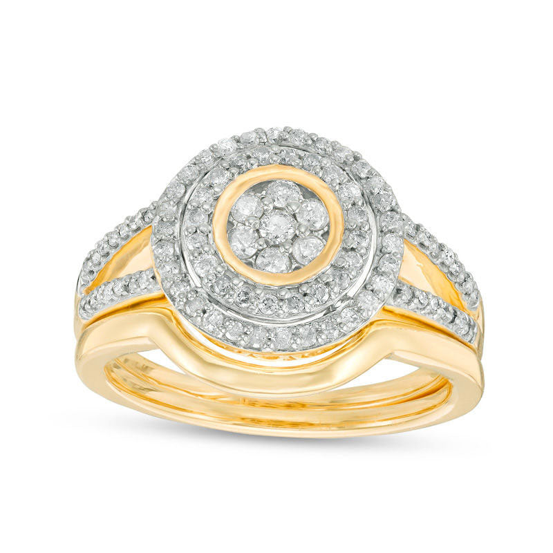 Image of ID 1 050 CT TW Composite Natural Diamond Double Frame Bridal Engagement Ring Set in Solid 10K Yellow Gold