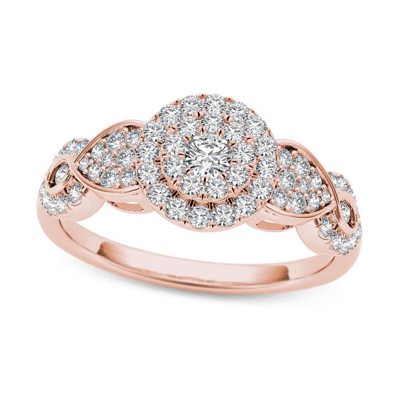 Image of ID 1 050 CT TW Composite Natural Diamond Double Frame Petal Engagement Ring in Solid 14K Rose Gold