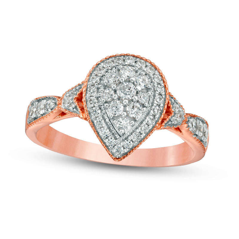Image of ID 1 050 CT TW Composite Natural Diamond Double Pear-Shaped Frame Antique Vintage-Style Engagement Ring in Solid 10K Rose Gold