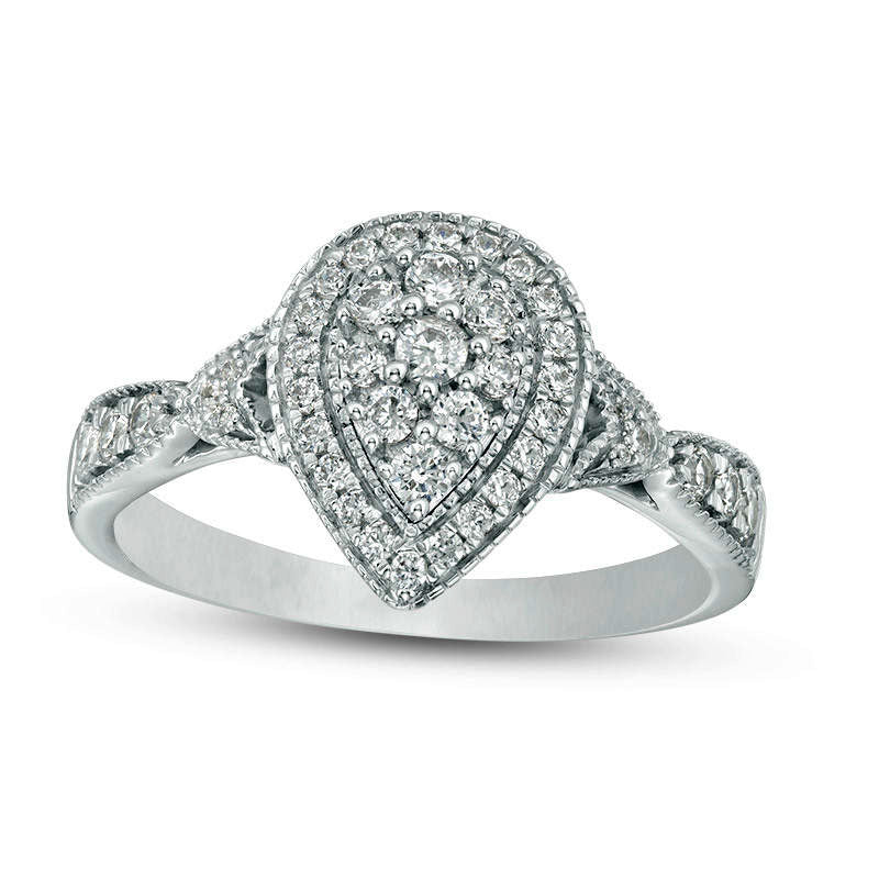Image of ID 1 050 CT TW Composite Natural Diamond Double Pear-Shaped Frame Antique Vintage-Style Engagement Ring in Solid 10K White Gold