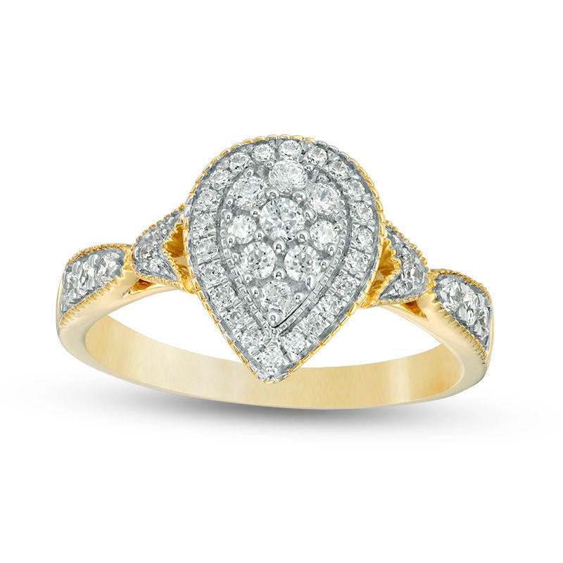 Image of ID 1 050 CT TW Composite Natural Diamond Double Pear-Shaped Frame Antique Vintage-Style Engagement Ring in Solid 10K Yellow Gold