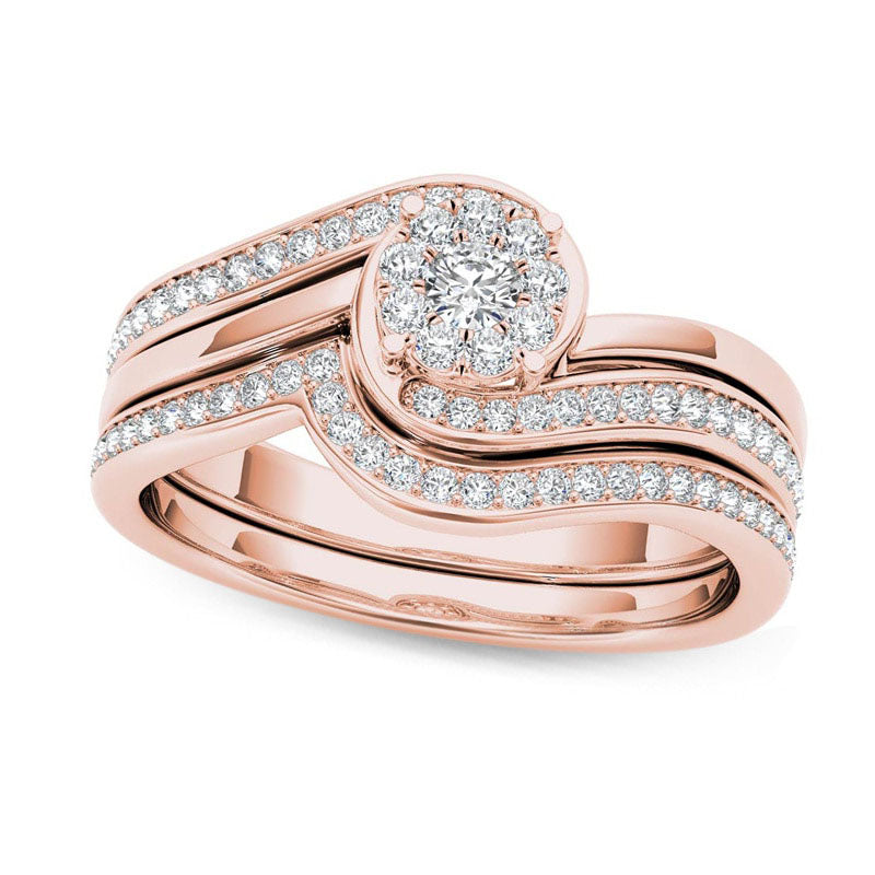 Image of ID 1 050 CT TW Composite Natural Diamond Flower Bypass Bridal Engagement Ring Set in Solid 14K Rose Gold
