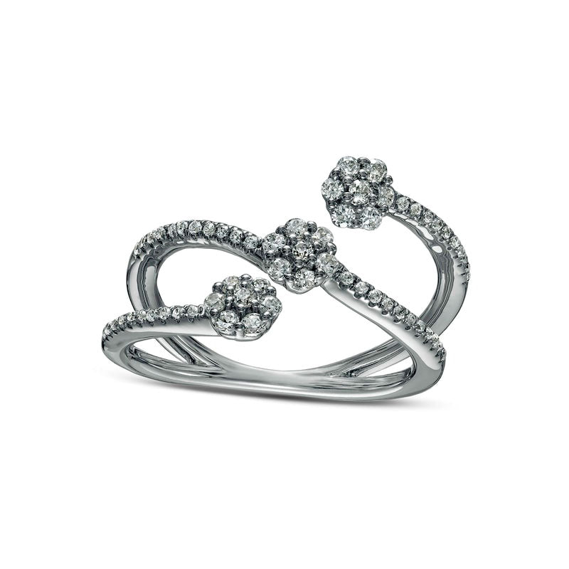 Image of ID 1 050 CT TW Composite Natural Diamond Flower Triple Row Open Ring in Solid 10K White Gold
