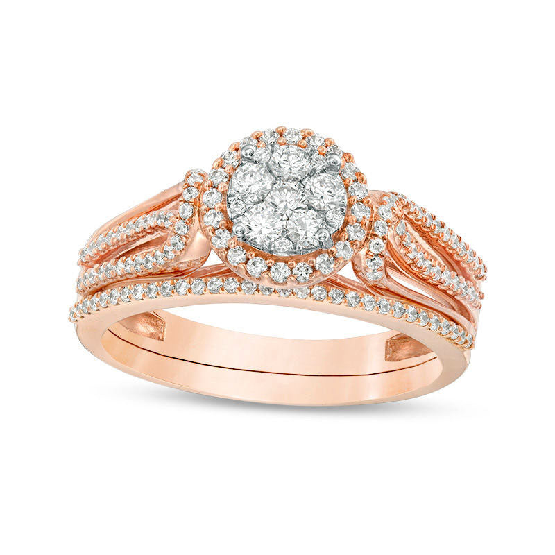 Image of ID 1 050 CT TW Composite Natural Diamond Frame Loop Bypass Bridal Engagement Ring Set in Solid 10K Rose Gold