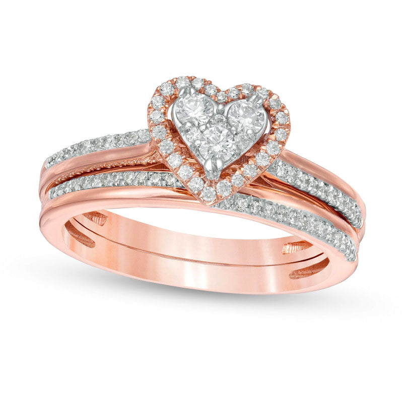Image of ID 1 050 CT TW Composite Natural Diamond Heart-Shaped Frame Bridal Engagement Ring Set in Solid 10K Rose Gold