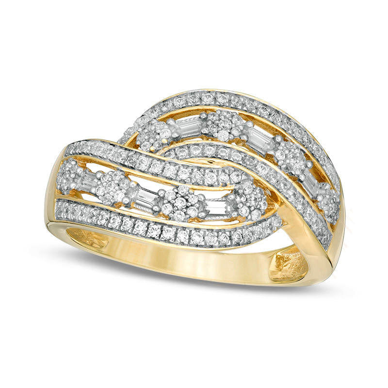 Image of ID 1 050 CT TW Composite Natural Diamond Multi-Row Bypass Ring in Solid 10K Yellow Gold