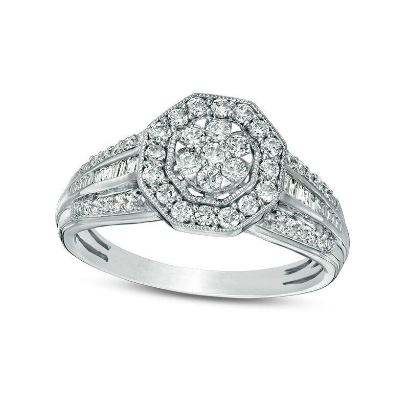 Image of ID 1 050 CT TW Composite Natural Diamond Octagon Frame Antique Vintage-Style Engagement Ring in Solid 10K White Gold