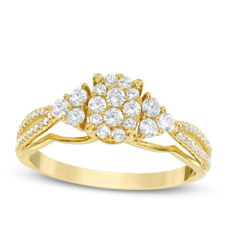 Image of ID 1 050 CT TW Composite Natural Diamond Oval with Tri-Sides Split Shank Engagement Ring in Solid 10K Yellow Gold