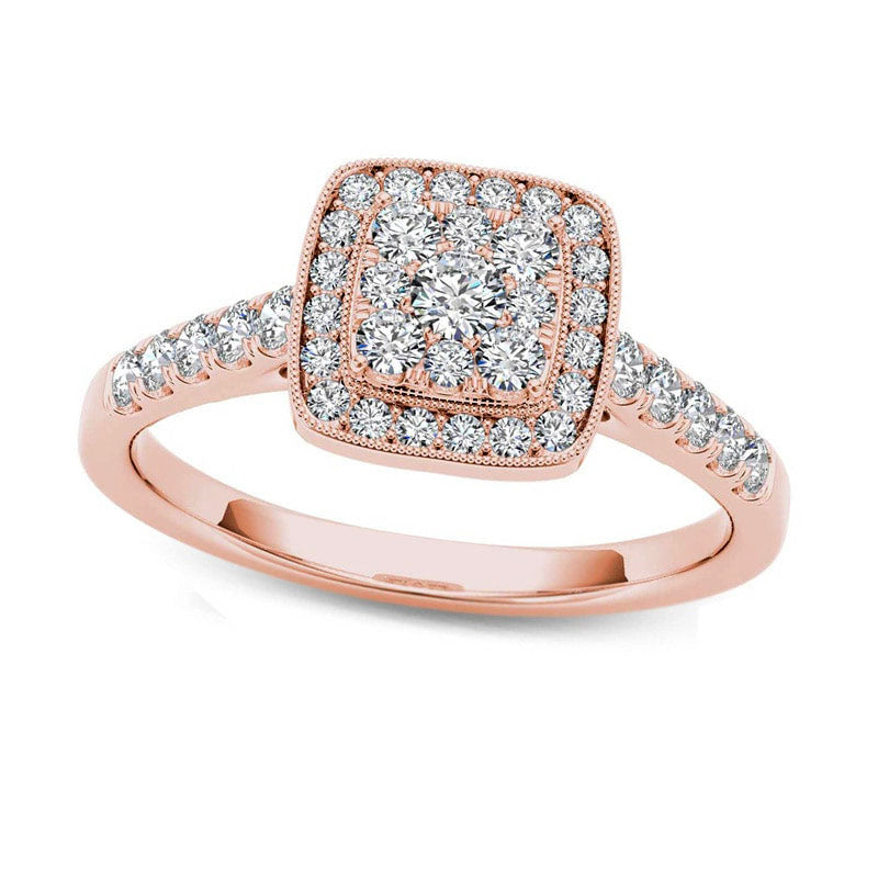 Image of ID 1 050 CT TW Composite Natural Diamond Square Frame Antique Vintage-Style Engagement Ring in Solid 14K Rose Gold
