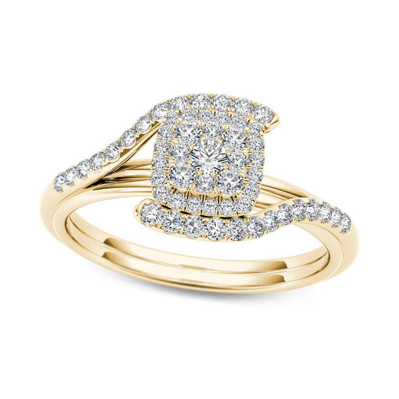 Image of ID 1 050 CT TW Composite Natural Diamond Square Frame Bypass Engagement Ring in Solid 14K Gold