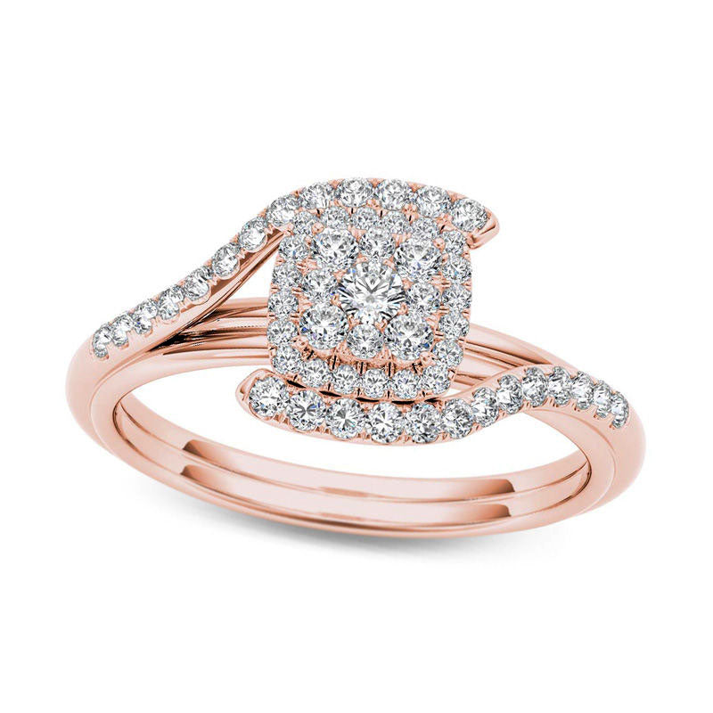 Image of ID 1 050 CT TW Composite Natural Diamond Square Frame Bypass Engagement Ring in Solid 14K Rose Gold