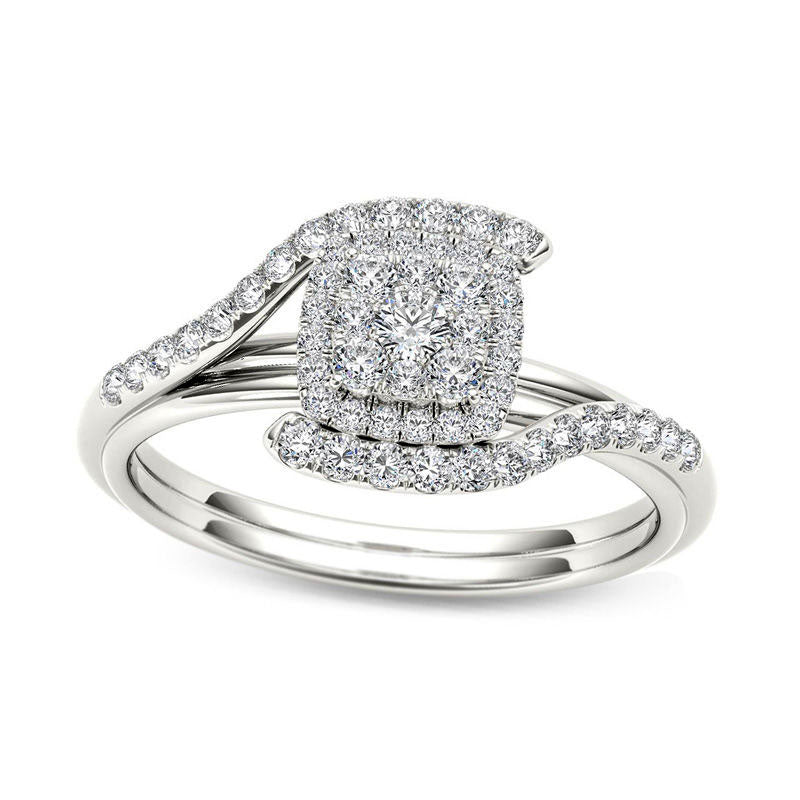 Image of ID 1 050 CT TW Composite Natural Diamond Square Frame Bypass Engagement Ring in Solid 14K White Gold
