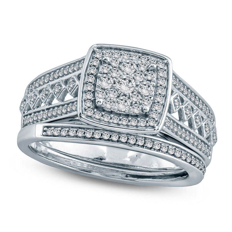 Image of ID 1 050 CT TW Composite Natural Diamond Square Frame Multi-Row Bridal Engagement Ring Set in Sterling Silver
