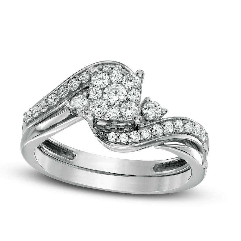 Image of ID 1 050 CT TW Composite Natural Diamond Square Swirl Bypass Bridal Engagement Ring Set in Solid 10K White Gold
