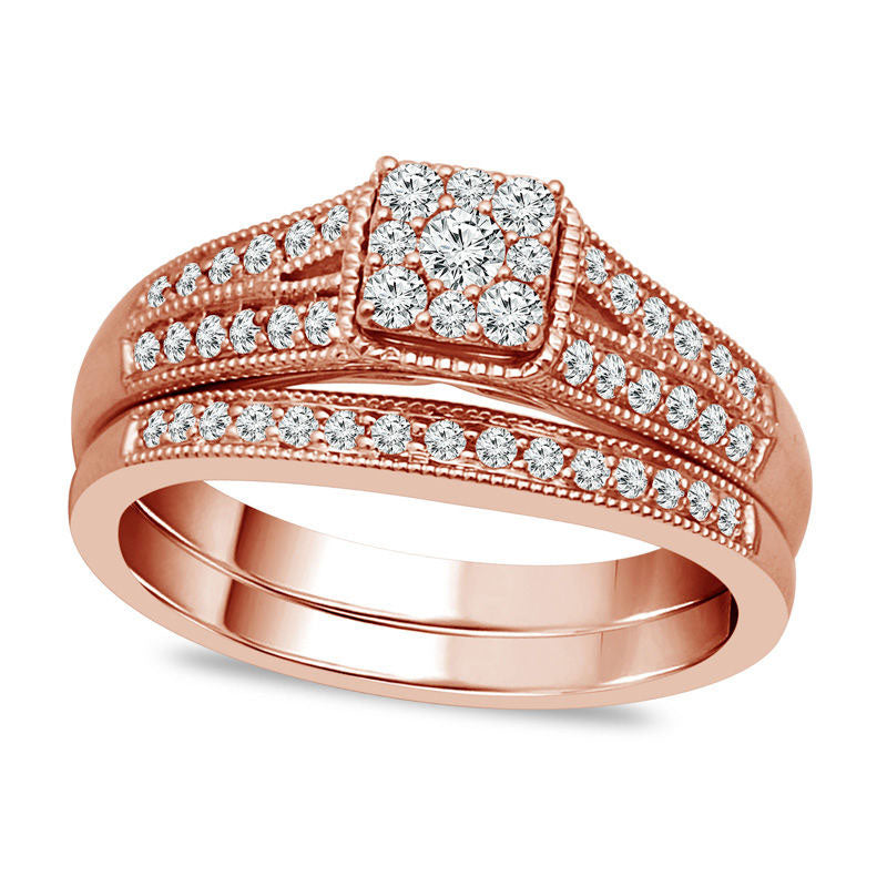 Image of ID 1 050 CT TW Composite Natural Diamond Squared Antique Vintage-Style Bridal Engagement Ring Set in Solid 10K Rose Gold