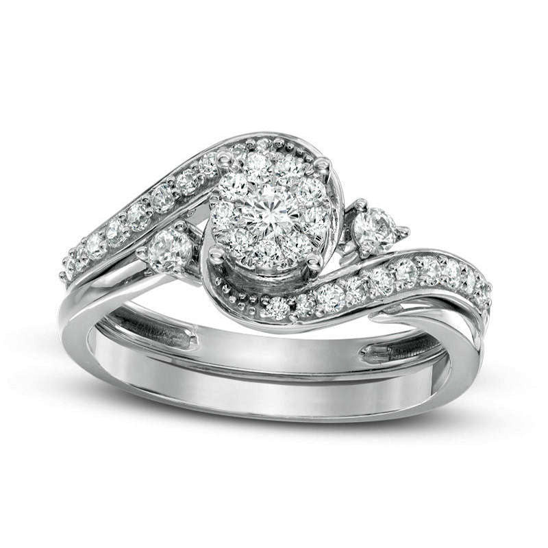 Image of ID 1 050 CT TW Composite Natural Diamond Swirl Bypass Bridal Engagement Ring Set in Solid 10K White Gold